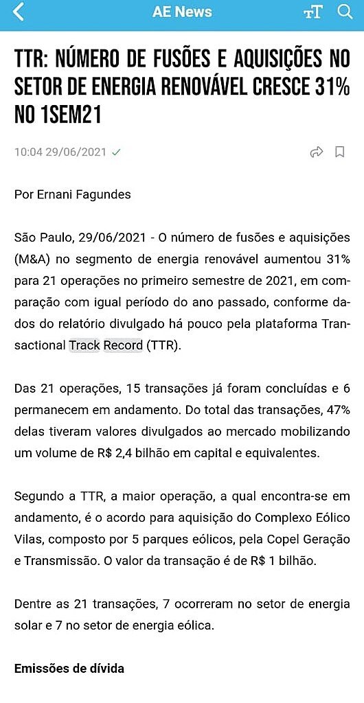 TTR: nmero de fuses e aquisies no setor de energia renovvel cresce 31% no 1sem21